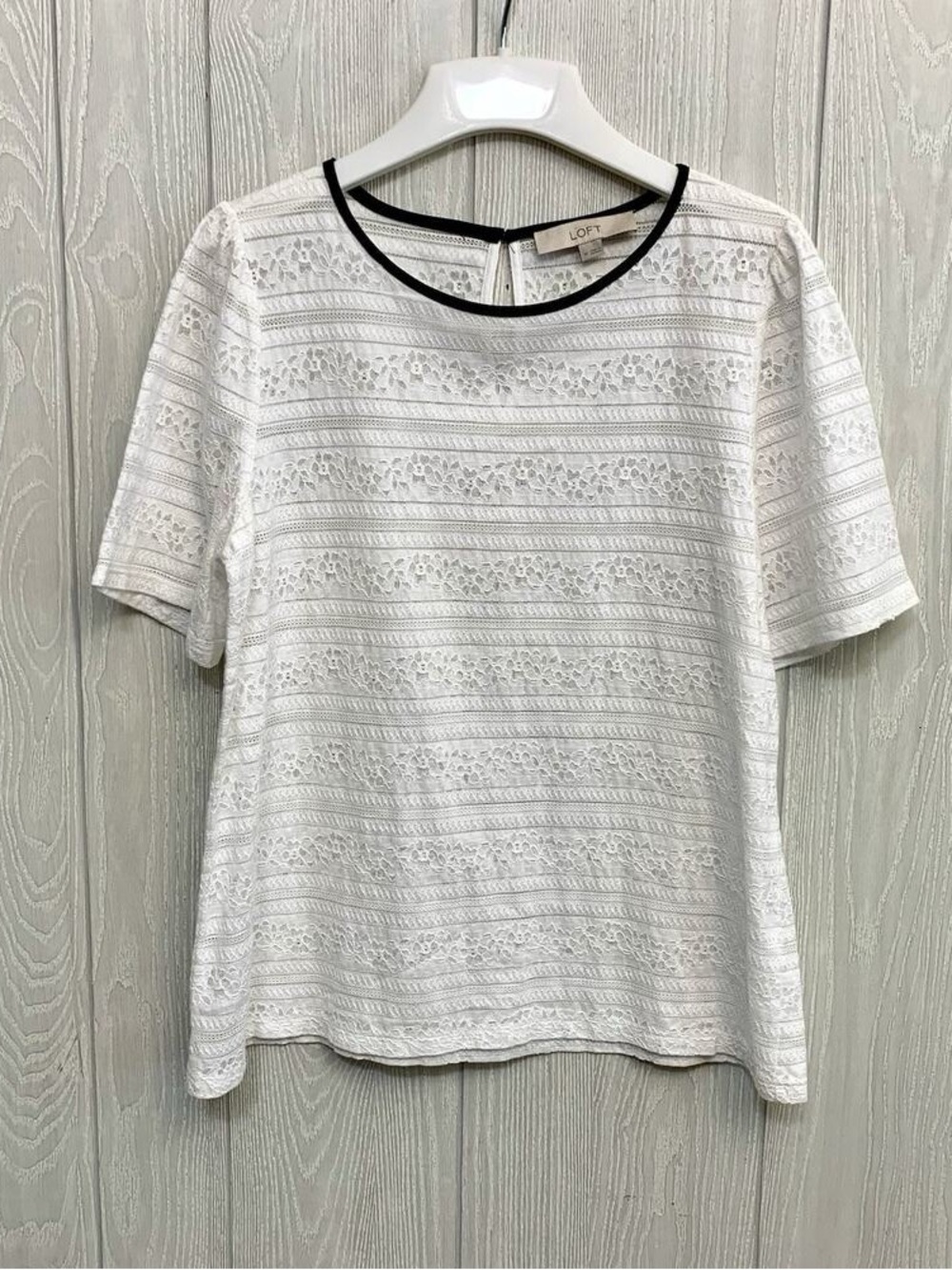 LOFT White Lace Short Sleeve Top with Black Neck Trim